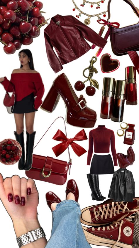 Cherry red is the color of the season and it is soo cool and aesthetic. Use this as a wallpaper or maybe a cherry red inspo. Red Outfit Ideas, Dream Dressing Room, Red Coquette, Cherry Red Hair, Red Aesthetic Grunge, Classic Fits, Cherry Girl, Outfit Collages, 2024 Aesthetic