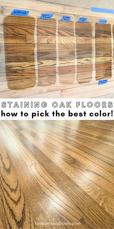 Planning on refinishing hardwood floors and looking for the best stain color for red oak floors? This how to choose hardwood floor color stain guide is for you! I’m sharing everything you need to know when restaining oak floors. I made all the oak floor refinishing mistakes when I stained wood floors so you don't have to! SAVE this Old Home Remodel idea + discover the best hardwood refinishing stain colors for your home. Tips to choose red oak stain colors hardwood floors. Wood Floor Stains On Oak, Oak Floor Colors, Red Oak Flooring Stain Colors, Hard Wood Floors Stain Colors, Light Stain On Red Oak Floors, Provincial Stain On Red Oak, Red Oak Floors Kitchen, Best Red Oak Floor Stains, Refinished Red Oak Floors