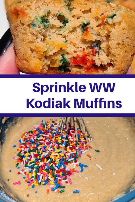 This Sprinkle WW Kodiak Muffins Recipe is perfect for an easy muffin breakfast or a sweet treat with low weight watcher points! Easy to make and filling! You can change up the flavor muffins easily and they won't even taste like they are meant to be low point! Kodiak Cake Weight Watcher Recipes, We Kodiak Recipes, Kodiak Mini Muffin Recipes, Kodiak Birthday Cake Muffins, Kodiak Ww Muffins, Ww Muffin Recipes, Kodiak Power Cakes Recipes, Ww Kodiak Recipes, Kodiak Muffin Recipes