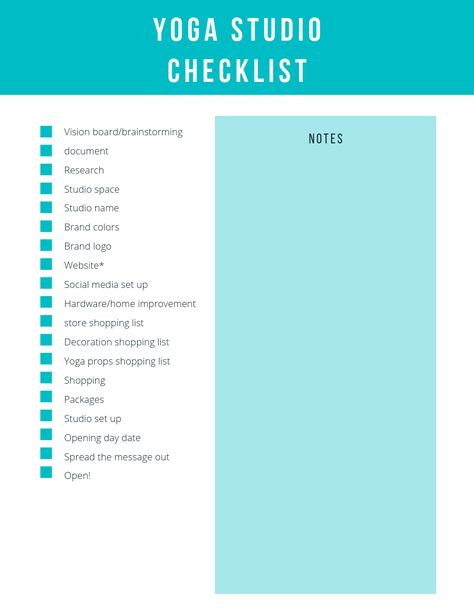 beyogi-yoga-checklist Yoga Wellness Studio, Yoga Business Plan, Yoga Checklist, Yoga Advertising, Yoga Cafe, Aerial Studio, Yoga Studio Design Ideas, Become A Yoga Instructor, Studio Floor Plans