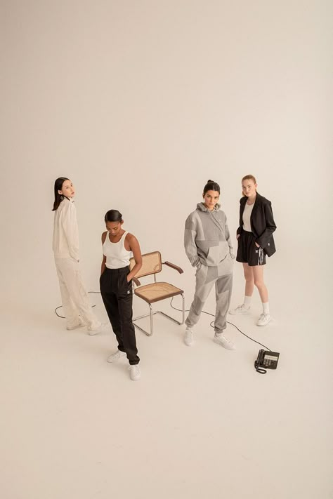 Daniëlle Cathari x adidas Originals FW19 Collection: See More Group Shots Photography, Group Photo Poses, Band Photoshoot, Group Poses, Four People, Group Photography, Photo Grouping, Studio Photoshoot, Fashion Photography Poses