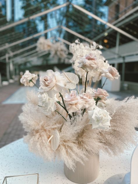 White And Beige Floral Arrangements, Pampas And Roses Centerpiece, Rustic Glam Wedding, Holy Matrimony, Flower Colour, White Weddings, Boho Wedding Flowers, Beige Wedding, Rose Centerpieces