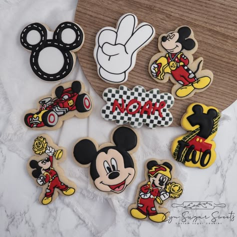 Mickey mouse custom sugar cookies Mickey Mouse Birthday Cookies, 2nd Birthday Mickey Mouse, Mickey Roadster Racers Party, Mickey Cookies, Mickey Roadster Racers Birthday, Mickey Roadster Racers, Mickey Mouse Birthday Theme, Mouse Cookies, Mickey Mouse Birthday Decorations