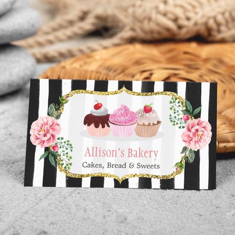 Looking for a business card that reflects your passion for baking? Our Sweet Bakery Cupcakes Gold Pink Floral Striped Business Card is the perfect choice. With a stunning design that features delicious cupcakes on a striped background with a flora wrapping gold frame, this card is perfect for pastry chefs, bakers, and cupcake shop owners. Your customers will be impressed by the quality and design of your card. Bakery Cupcakes, Cupcake Shop, Passion For Baking, Bakery Business Cards, Small Business Design, Delicious Cupcakes, Bakery Branding, Cupcake Shops, Recipe For Success