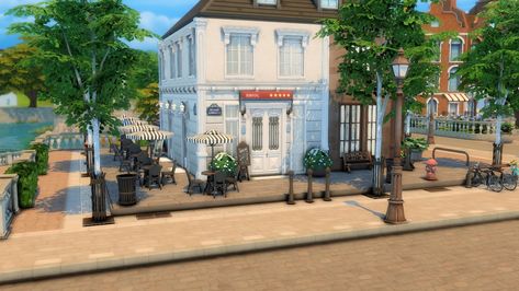 Apartment + Cafe + Bookstore - Screenshots - The Sims 4 Rooms / Lots - CurseForge Sims 4 Cafe, Sims 4 Rooms, Apartment Cafe, Cafe Bookstore, Bookstore Cafe, Mcm House, London Interior, News Cafe, Exterior Front Doors