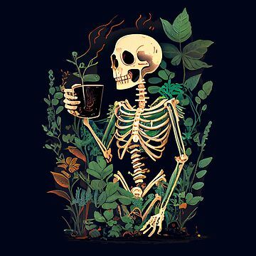 Skeleton Drinking Coffee In The Garden • Millions of unique designs by independent artists. Find your thing. Skeleton With Flowers, Skeleton Artwork, Skeleton Drawings, Skeleton Illustration, Cute Skeleton, Skull Illustration, Skeleton Art, Beautiful Dark Art, Iphone Backgrounds