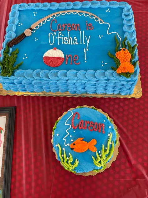 Ofishally Two Birthday Cake, Fish Themed 1st Birthday Party, Ofishally One Sheet Cake, Officially One Birthday Cake, Ofishally One Cupcakes, Fishing Birthday Party Cake, Fish Themed First Birthday Party, Lake First Birthday Party, Oh Fishally One Birthday Cake Smash