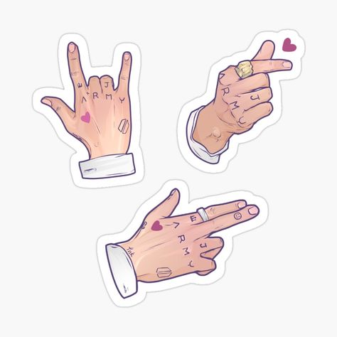 Sticker pack of Jeon Jungkook tattoos and a cute Korean finger heart. Perfect Jungkook merch for Army and K-pop fans in celebration of Kookie’s new album Golden. Three illustrations of JK‘s hands with tattoos. Korean Finger Heart Tattoo, Korean Aesthetic Stickers, Heart Hands Tattoo, Jungkook Tattoos, K Pop Stickers, Korean Finger Heart, Aesthetic Doodles, Sticker Bts, Stickers Bts