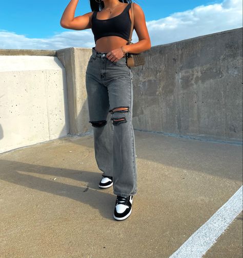 Adika, black wife leg jeans, air jordan 1s, jordan panda twist, #nike #jordan #parkinggarage #louisvuittonhandbags #asian #adika Black Jeans And Jordans Outfit, Cute Outfits With Air Jordan 1, Hightop Jordan 1s Outfit, Nike Jorden1 Outfits, Air 1 Jordans Outfit, Panda Jordan 1s Outfit, How To Style Black And White Jordan 1s, Panda High Top Dunks Outfit, Panda Jordan 1 Outfit Women