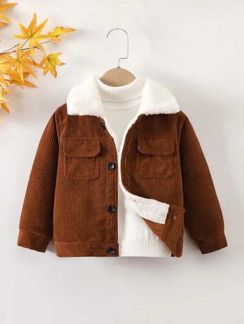 Toddler Boys Flap Pocket Borg Collar Button Up Jacket | SHEIN USA Bodysuit And Skirt, Baby Boy Tops, Sherpa Lined Jacket, Button Up Jacket, Baby Pants, Boys Jacket, Line Jackets, Boys Casual