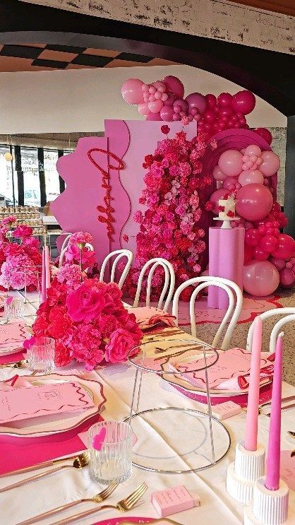 Pretty In Pink Aesthetic Party, Red And Pink Party Decorations, Pink And Red Party Decorations, Shades Of Pink Party Decorations, All Pink Party Theme, Pink 40th Birthday Party, 50 Shades Of Pink Party Ideas, Pink Backdrop Ideas, Pink Decorations Party