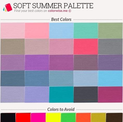 Best and worst Soft Summer colors. Color Wise Me, Cool Summer Wardrobe, Soft Summer Palette, Soft Summer Color Palette, Soft Summer Colors, Summer Palette, Summer Color Palette, Color Palate, October 29