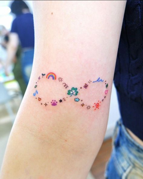 Infinity Tattoo Colorful, Infinity Tattoo Color, Simple Colour Tattoo, Green Day Tattoo, Infinity Sign Tattoo, Small Colorful Tattoos, Colour Tattoos, Watercolor Tattoo Ideas, 50 Tattoo