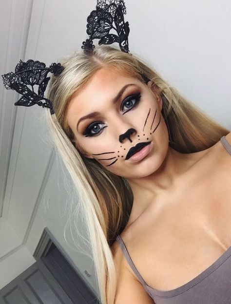 Halloween Makeup Looks That Will Take You Less Than 5 Minutes Nem Halloween Makeup, Halloween Cat Makeup, Cat Face Paint, Cat Makeup Tutorial, Maquillage Halloween Simple, Make Up Diy, Makeup Clown, Cat Halloween Makeup, Halloweenský Makeup