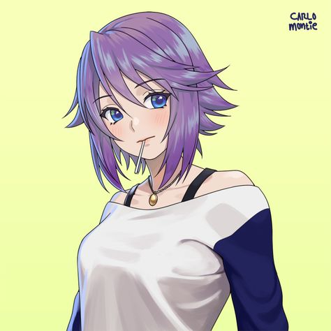 Safebooru - 1girl bangs blue eyes blush candy carlo montie collarbone commission eyebrows visible through hair food hair between eyes jewelry lollipop medium hair mouth hold off-shoulder shirt off shoulder pendant purple hair rosario+vampire shiny shiny hair shirayuki mizore shirt simple background solo upper body white shirt yellow background | 3188776 Rosario Vampire Characters, Mizore Shirayuki, Rosario Vampire Anime, Rosario Vampire, Anime And Manga, Picture Search, Girls Characters, Manga Pictures, Simple Backgrounds