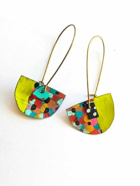 Enameling Jewelry, Tin Jewelry, Tin Earrings, Paper Jewellery, Half Moon Earrings, Hand Painted Earrings, Mixed Media Jewelry, Chartreuse Green, Paper Earrings