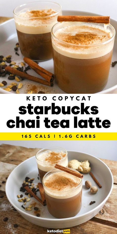 Amazing Keto Chai Tea Latte Starbucks Copycat Recipe - A comforting keto chai tea latte made with black tea and espresso for that much needed caffeine hit! Infused with fragrant spices like cinnamon, ginger, cardamom and nutmeg — it's even better than Starbucks. Keto Chai Tea Latte, Keto Chai Tea, Chai Tea Latte Starbucks, Chai Tea Latte Recipe, Recipes List, Tea Latte Recipe, Low Carb Drinks, Copycat Starbucks Recipes, Rich Pins