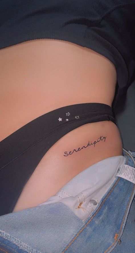 Serendipity Tatoos, Pelvic Tattoos For Women, Ink Box Tattoo Ideas, Serendipity Tattoo Font, Serendipity Tattoo, Serenity Tattoo, Pelvic Tattoos, Tattoos Aesthetic, Tiny Tats