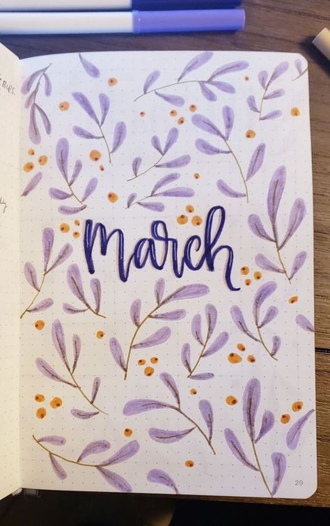 Purple Bujo Ideas, Journal Ideas Purple Theme, March Bujo Cover Page, Bujo Purple Theme, Journal Purple Theme, Journal Ideas Purple, Purple Bullet Journal Theme, Bujo March Cover, March Cover Page Bullet Journal