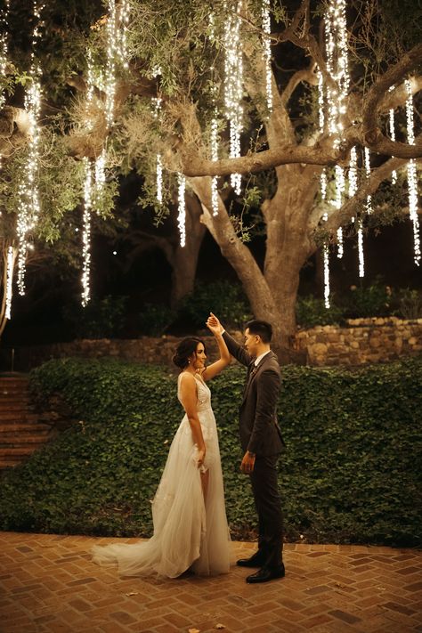 bride’s makeup + hair: kirsten (www.kellyzhang.com) // photography: lauren mihae Dusk Wedding Ceremony, Hanging Lights In Trees Wedding, Tree Lights Wedding Enchanted Forest, Wedding Venues Willow Tree, Oak Tree Wedding Ceremony Hanging Lights, Wedding Venues Outdoor Willow Tree, Wedding Venue Forest Fairy Lights, Willow Tree Wedding, Twilight Wedding