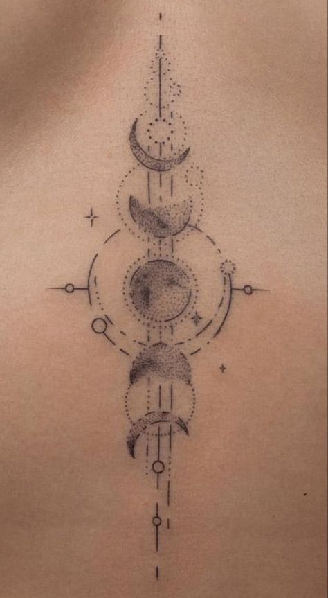 by @federnozrdin on IG Moon Phases Tattoo Lower Back, Ornamental Moon Phases Tattoo, Moon Phases Tattoo Designs Spine, Phases Of The Moon Tattoo Spine, Fine Line Moon Phase Tattoo, Moon Cycle Tattoo Spine, Space Spine Tattoo, Moon Phases Spine Tattoo, Moon Phase Spine Tattoo