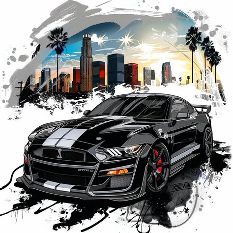 Car Artwork Illustration, Black Ford Mustang, Mustang Shelby Cobra, Mustang Art, Wall Poster Art, Wallpaper Printable, Ford Mustang Shelby Cobra, Car Sport, Cars Brand