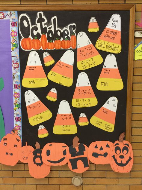 October bulletin board- math fact family candy corns Fact Family Bulletin Board, October Math Bulletin Boards, Halloween Math Bulletin Boards, Fall Math Bulletin Board Ideas, Addition Bulletin Board, Fall Math Bulletin Boards, Fact Family Craft, October Bulletin Board Ideas, October Bulletin Board