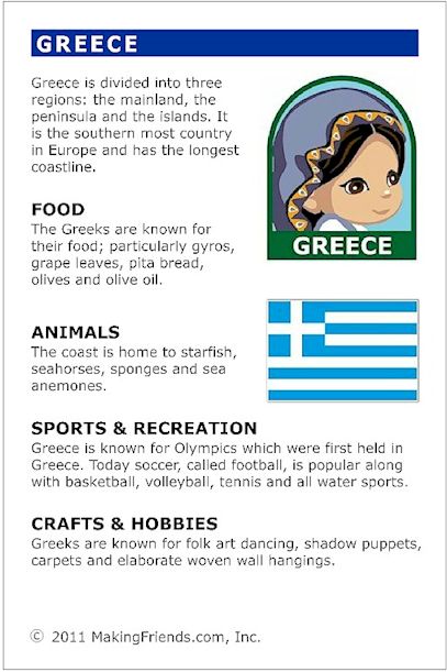 Greece Fact Card for your Girl Scout World Thinking Day or International celebration. Free printable available at MakingFriends.com. Fits perfectly in the World Thinking Passport, also available at MakingFriends.com Facts About Greece, Around The World Theme, Country Studies, Homeschool Geography, Country Facts, World Thinking Day, Greek Language, Girl Scout Ideas, School Celebration