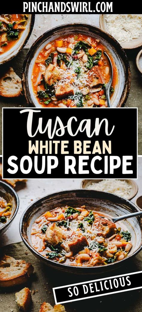 Tuscan White Bean Soup White Bean Chicken Soup, Italian White Bean Soup, Creamy White Bean Soup, Senate Bean Soup, 16 Bean Soup, Creamy Beans, Mediterranean Soup, Tuscan White Bean Soup, Pinto Bean Soup