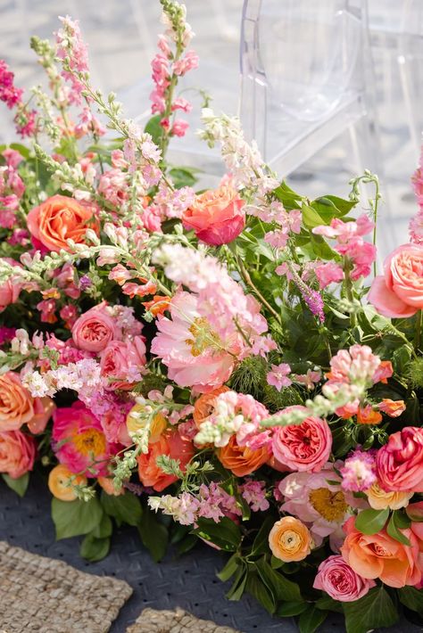 Pink Orange Wedding Flowers, Floral Hedge, Summer Ranch Wedding, Pink Veronica, Wedding Ceremony Aisle, Orange And Pink Wedding, Coral Wedding Flowers, Colorful Bridal Bouquet, Pink Flower Arrangements