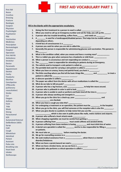 First Aid Vocabulary Part 1 general…: English ESL worksheets pdf & doc First Aid Worksheets, Medical Worksheets, Medical Activities, Medical Vocabulary, Esl Materials, Unscramble Words, General English, Homeschool Geography, Safety And First Aid