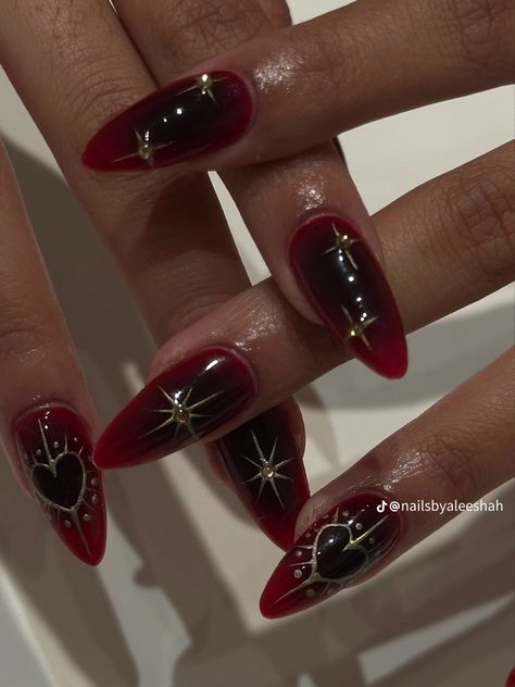 Dark Red Nails Aesthetic Design, Red And Black Dragon Nails, Edgy Valentines Nails Simple, Moody Red Nails, Goth Nail Inspo Coffin, Caraval Inspired Nails, Labyrinth Inspired Nails, Goth Nails Valentines, Assassins Creed Nails