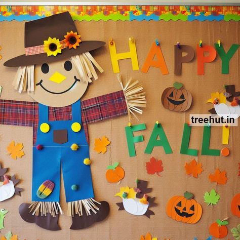 These scarecrow-themed bulletin board ideas and activities will engage students in a variety of subjects while incorporating the fun and festive theme of scarecrows. Harvest Theme Bulletin Board, Fall Activity For Kids Elementary, Halloween Boards Bulletin For School, Fall Theme Decorations For Classroom, Bulletin Board For Thanksgiving, Scarecrow Window Display, Fall Bulletin Boards For School, Classroom Pumpkin Patch Bulletin Board, Scare Crow Bulletin Board Ideas