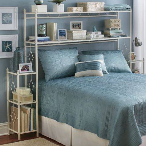 13 Reasons to Embrace Above the Bed Storage Over The Bed Shelf, Storage Shelves Bedroom, Bedroom Storage Shelves, Bed Organizer, Shelves Bedroom, Farmhouse Guest Bedroom, Bed Organiser, Glass Shelves Decor, Floating Shelves Bedroom