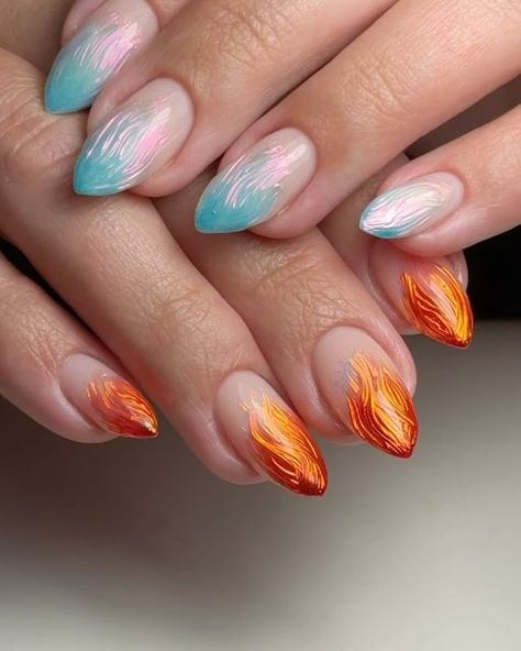 Fire And Ice Nails Art Designs, Vacation Stilleto Nails, Fire And Ice Nails, Ice Nails, Water Nails, Nail Painting, Fire Nails, Fire And Ice, Nail Tech