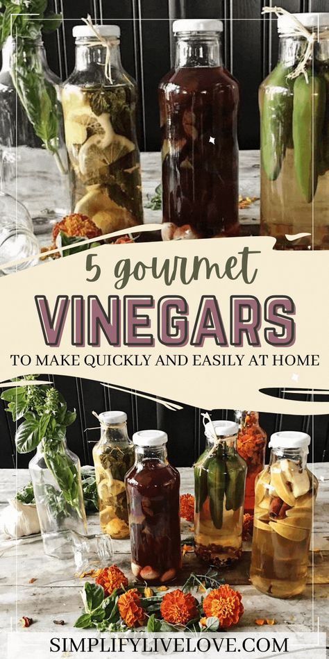 These 5 Homemade Gourmet Vinegar Flavors to make easily at home are a great way to use up the fresh herb bounty you may have growing in your garden. Not only are they delicious and beautiful, but they're also super easy to make and are great gifts as well! Get a jump start on the gift giving season with this easy DIY! #homemade #gourmetgifts #christmas #giftidea Home Made Vinegar, Flavored Vinegar Recipes How To Make, Infused Vinegar Recipes, Seasoned Vinegar, Herb Vinegar, Flavored Extracts, Homemade Vinegar, Herb Salt, Vinegar Recipes