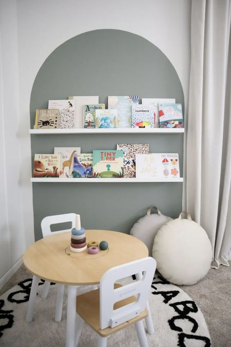 Painted Arch for Kid's Reading Nook - Chronicle in the Pines Painted Arch Playroom, Reading Nook Playroom, Kids Room Reading Nook, Toddler Reading Area, Kids Playroom Paint Ideas, Reading Corner Toddler, Kids Room Reading Corner, Toddler Reading Corner, Playroom Bookshelves