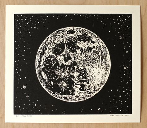 Full Moon, Linocut on Paper, 2009 Moon Woodcut, Traditional Moon, Linoleum Printmaking, Moon Quilt, Walking Man, Linocut Printmaking, Lino Art, Tattoo Traditional, Relief Printing