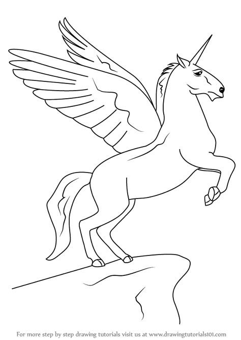 Learn How to Draw a Unicorn with Wings (Unicorns) Step by Step : Drawing Tutorials Flying Unicorn Drawing, Wings To Draw, Alicorn Drawing, Fairy Outline, Pictures Of Unicorns, Draw A Unicorn, Unicorn With Wings, Unicorn Sketch, Terrace Decoration