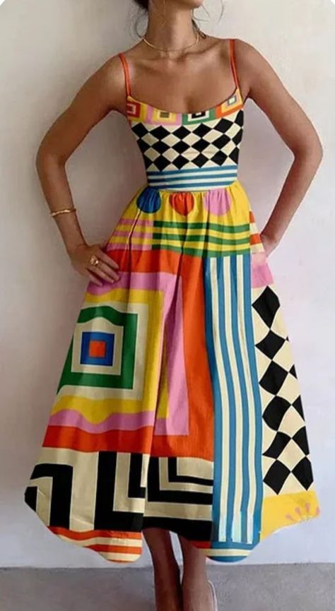 Geometric Outfit, World Of Wearable Art, Abstract Art Collection, Geometric Fashion, Geometric Dress, Geometric Print Dress, Skirts With Boots, Strappy Dress, Retro Fabric