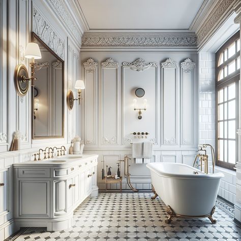 Create an exquisite image of a modern colonial style bathroom. The bathroom should have a vintage-inspired bathtub, a classic vanity with large mirror, and brass fixtures. Modern touches like sleek lighting and contemporary amenities are essential. The floor should be vintage checkered tiles, and there should be a window with wooden shutters to allow for natural light. The colors should primarily be neutral with a balance of modern and traditional accents. Period Bathroom, Parisian Bathroom, Vintage Luxury Bathroom, Parisian Interior Design, Rich Bathroom, Luxury Bathroom Inspiration, Modern Neoclassical, House Addition, Parisian Interior