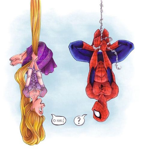 Rapunzel / Spider-Man is listed (or ranked) 5 on the list 20 Pieces Of Outstanding Disney/Marvel Mashup Fan Art Funny Disney Memes, Dark Vador, Quotes Disney, Funny Drawings, Comic Movies, Disney Tattoos, Wallpapers Iphone, Disney Memes, Disney Funny