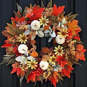 Pinkpuii 24 Inch Fall Wreaths for Front Door- Large Artificial Silk Fall Door Wreath Decorations Maples Leaf Pumpkin Berry Autumn Wreath Indoor Outdoor Thanksgiving Harvest Lambs Ear Wreath for Home Wreath Centers, Fake Greenery, Autumn Elements, Leaf Pumpkin, Outdoor Thanksgiving, Fall Door Wreath, Harvest Day, Fall Leaf Wreaths, Fall Hydrangea