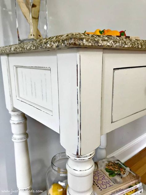 See how to distress painted wood for a farmhouse finish when you love distressed furniture. You can DIY your own distressed white furniture when distressing chalk paint with these simple steps. Video tutorial included. #paintedfurniture #howtodistresspaintedwood #distresspaintedwood #distressedfurniture #paintedkitchencart #distresswhitepaintedwood Distressed White Furniture, White Distressed Furniture, Distressing Painted Wood, Distressing Chalk Paint, Antiquing Furniture Diy, Distressed Furniture Diy, Distressed Furniture Painting, Distressed Furniture, Can Diy