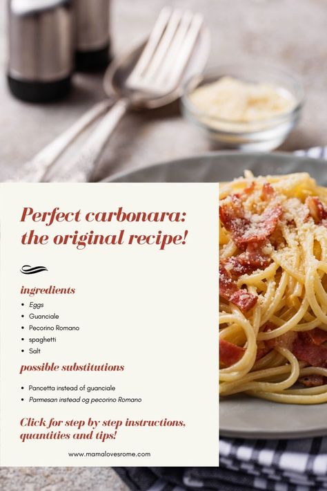 Make real carbonara with this easy to follow recipe by a Rome mama! How to make carbonara pasta, original carbonara ingredients and delicious substitution for those hard to get Italian staples. Spaghetti carbonata like in Rome at home Original Carbonara Recipe, Carbonara Pasta Sauce, How To Make Carbonara, Carbonara Ingredients, Spaghetti Carbonara Recipe, Pasta Carbonara Recipe, How To Make Spaghetti, Food Italian, Travel Foodie