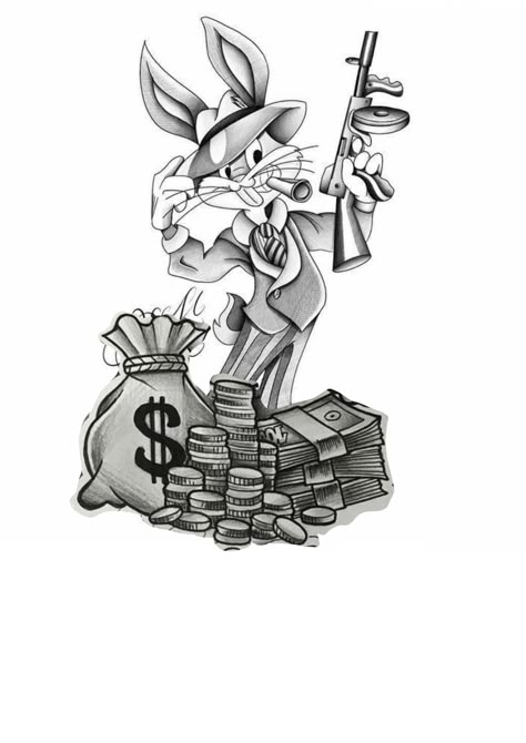 Gangsta Cartoon Tattoo, Bugs Bunny Money, Looney Tunes Tattoo Ideas, Bugs Bunny Tattoo, Mandala Chest Tattoo, Jester Art, Tattoo Artist Business Cards, Cartoon Tattoo Ideas, Cool Cartoon Drawings