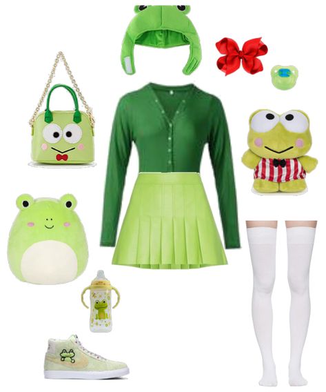 Keroppi Outfit Aesthetic, Keroppi Inspired Outfit, Keroppi Outfit Ideas, Frogcore Outfits, Keroppi Costume, Keroppi Cosplay, Keroppi Clothes, Keroppi Outfit, Neon Green Skirt