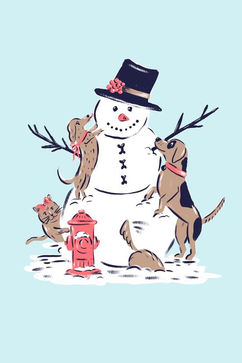 Cat Building, Dog Snowman, Cozy Illustration, Snowman Illustration, Snowman Art, Advent Ideas, Building A Snowman, Window Mural, Snowman Christmas Cards