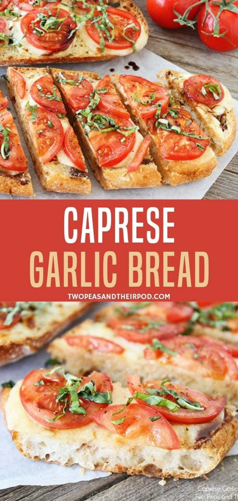 Simple garlic bread with fresh mozzarella cheese, tomatoes, basil, with balsamic glaze on a go! Ready in 20 minutes, this Caprese garlic bread recipe is great as appetizers. Simply bake and serve! Caprese Garlic Bread Recipe, Simple Garlic Bread, Caprese Garlic Bread, Bread Garlic, Tomato Bread, Mozzarella Recipes, Garlic Bread Recipe, Balsamic Glaze, Sandwich Bread