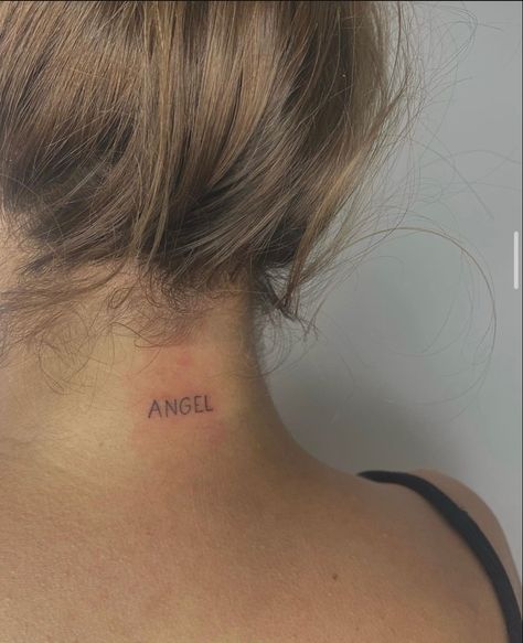 #necktatto #angeltatto #fineline #singleneedletattoo #tattooideas #tattoosforwomen Fineline Neck Tattoo, Angel Neck Tattoo, Back Of Neck Tattoo, Neck Tattoos Women, Tattoo Script, Women Writing, Book Aesthetics, Word Tattoos, Tattoo Inspo